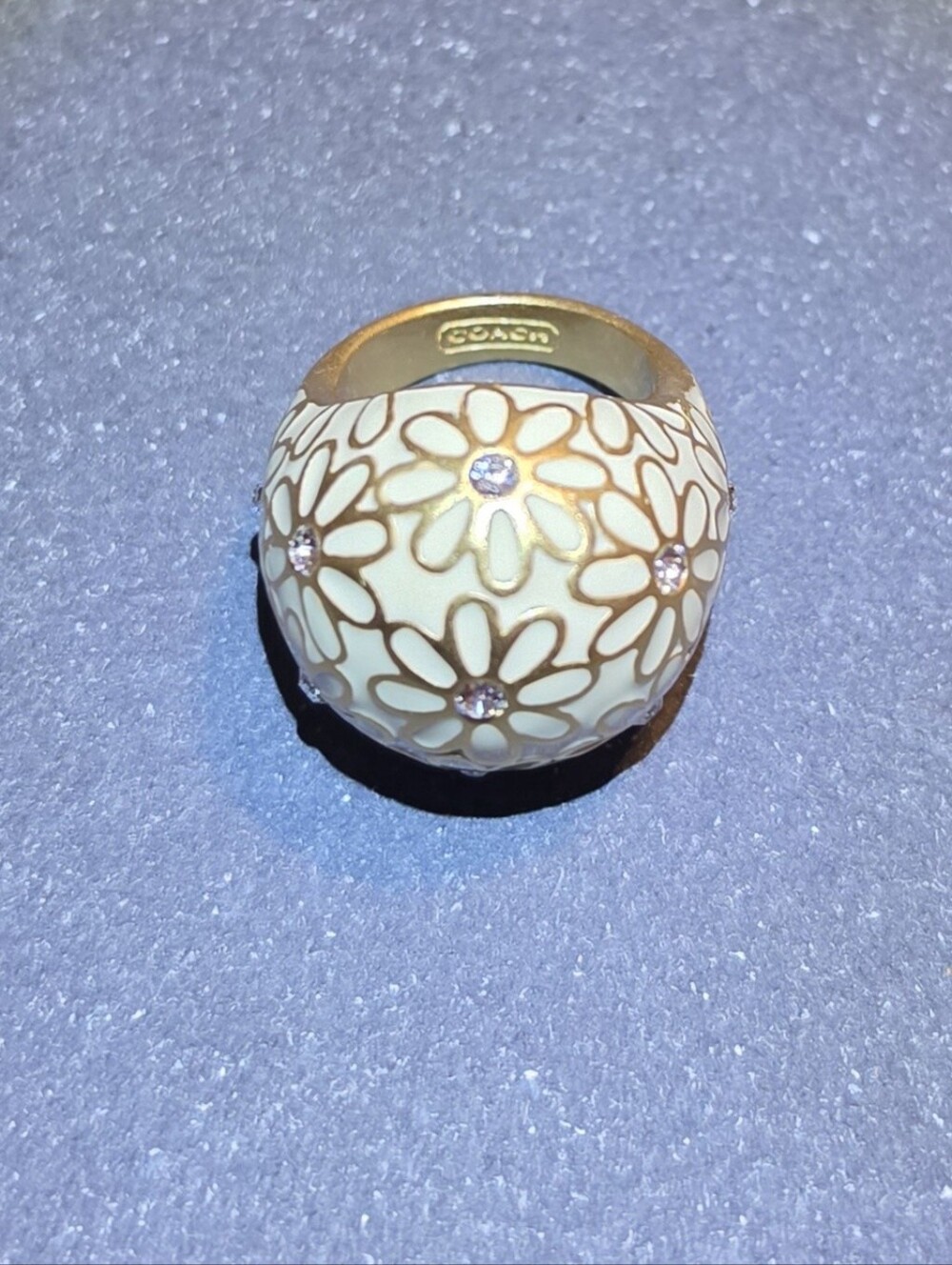 Coach Cream Floral Dome Ring with Gold Accents and Crystal Centers